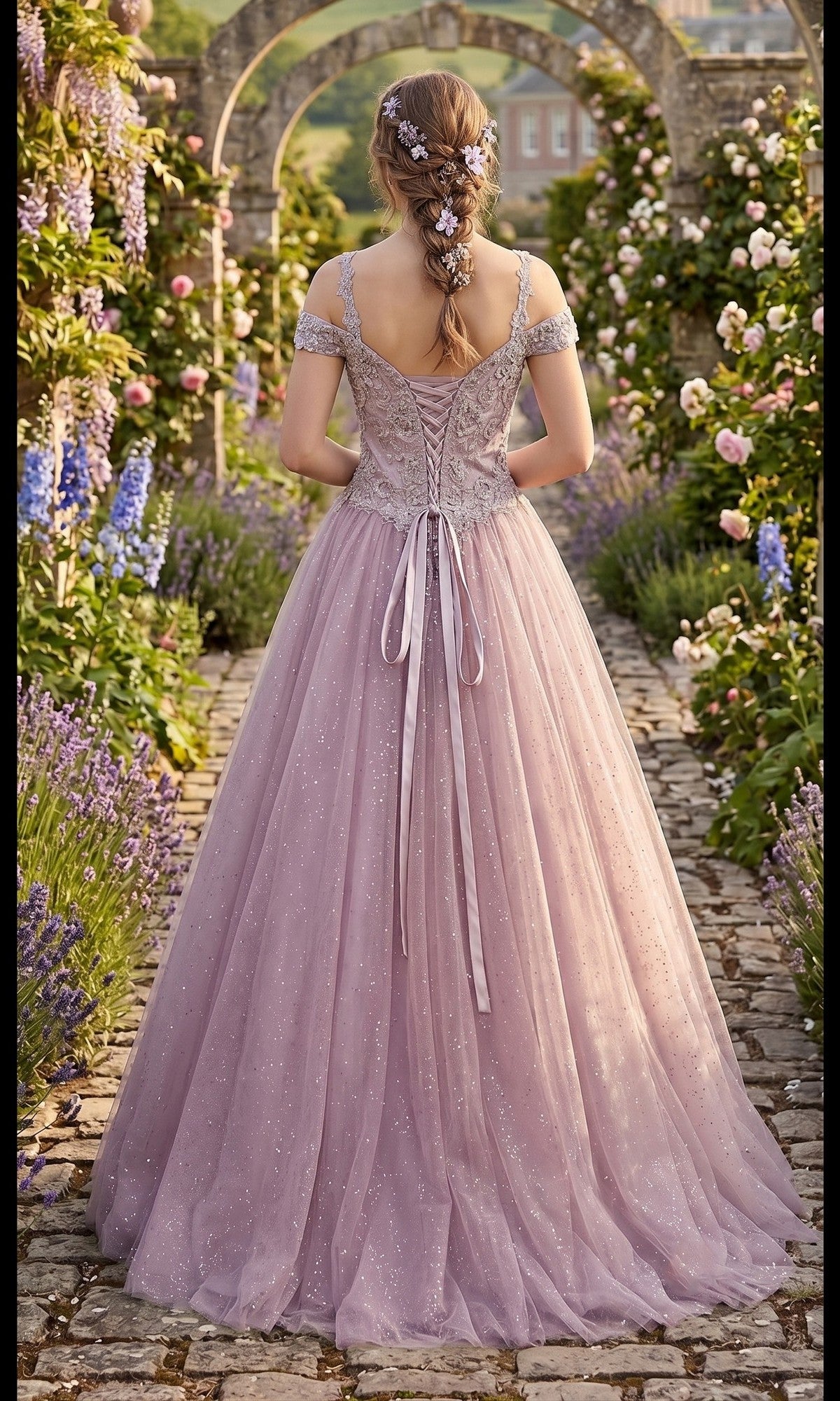 Wearing the Long Formal Dress: Chicas YG5012—a lavender ballgown with a lace-embroidered bodice—a woman, adorned with floral hair accessories, stands facing away on a flower-lined stone path in a garden filled with archways and blooming plants.
